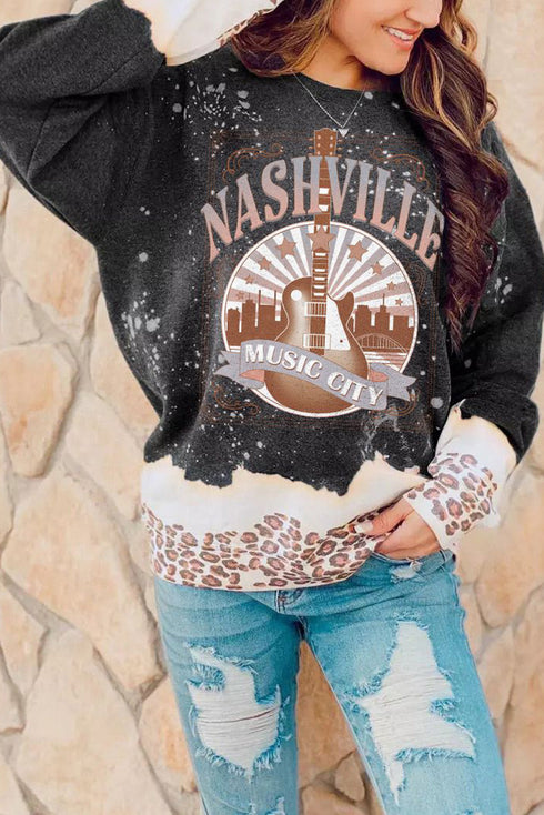 Black Nashville Music City Guitar Leopard Color Block Sweatshirt